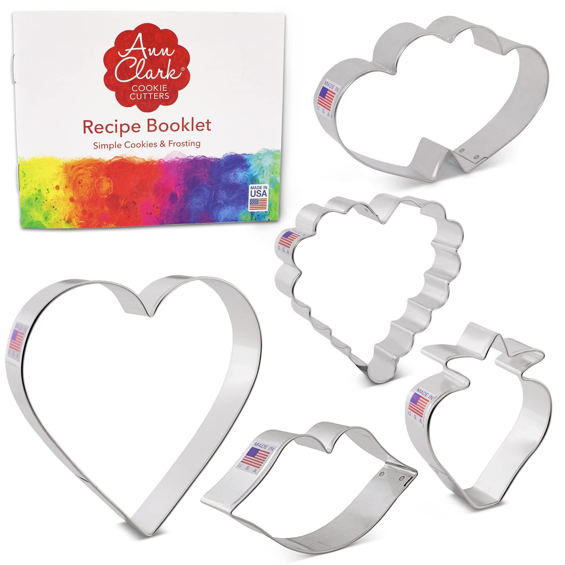 Valentines Day Cookie Cutters 5-Pc. Set Made in USA by Ann Clark, Heart, Strawberry, Scalloped Heart, Lips, Double Heart - CookCave