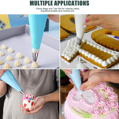 Piping Bags and Tips Set, 2 x 12 Inch Reusable Piping Bags, 100 Disposable Pastry Bags, 2 Couplers, 12 Frosting Tips, 2 Bag Ties & 3 Cake Scrapers - Complete Cake Icing Kit - CookCave