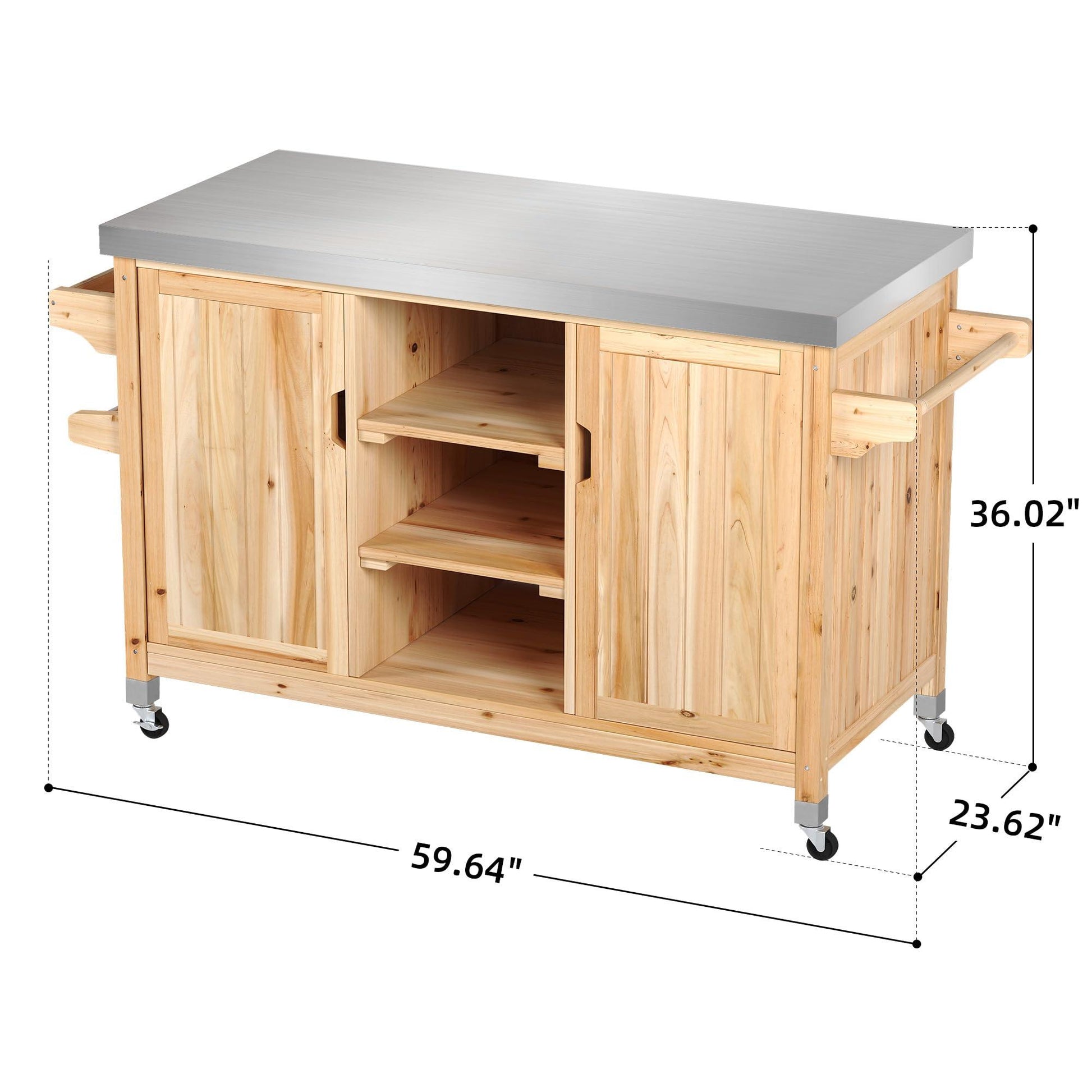 YITAHOME XL Solid Wood Outdoor Table and Storage Cabinet, 59.64’’L x 23.62’’W Movable Grill Table with Stainless Steel Top, Side Handle, Spice Rack for Outside, Patio Bar, Outdoor Kitchen Island - CookCave