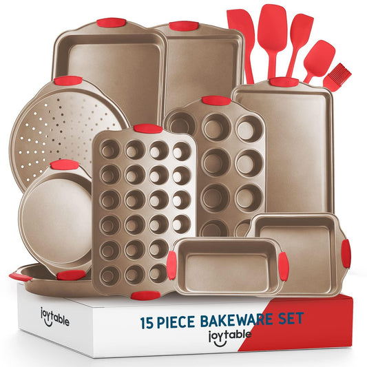 Baking Pan Set, 15 Piece Premium Baking Set, Nonstick Bakeware Sets BPA Free, Cookie Sheets for Baking Nonstick Set, Steel Baking Sheets for Oven with Muffin Pan, Cake Pan & Kitchen Utensils - Brown - CookCave