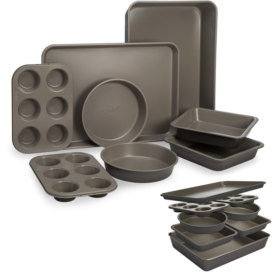 Goodful All-In-One Nonstick Bakeware Set, Stackable and Space Saving Design includes Round and Square Pans, Muffin Pans, Cookie Sheet and Roaster, Dishwasher Safe, 8-Piece, Graphite - CookCave