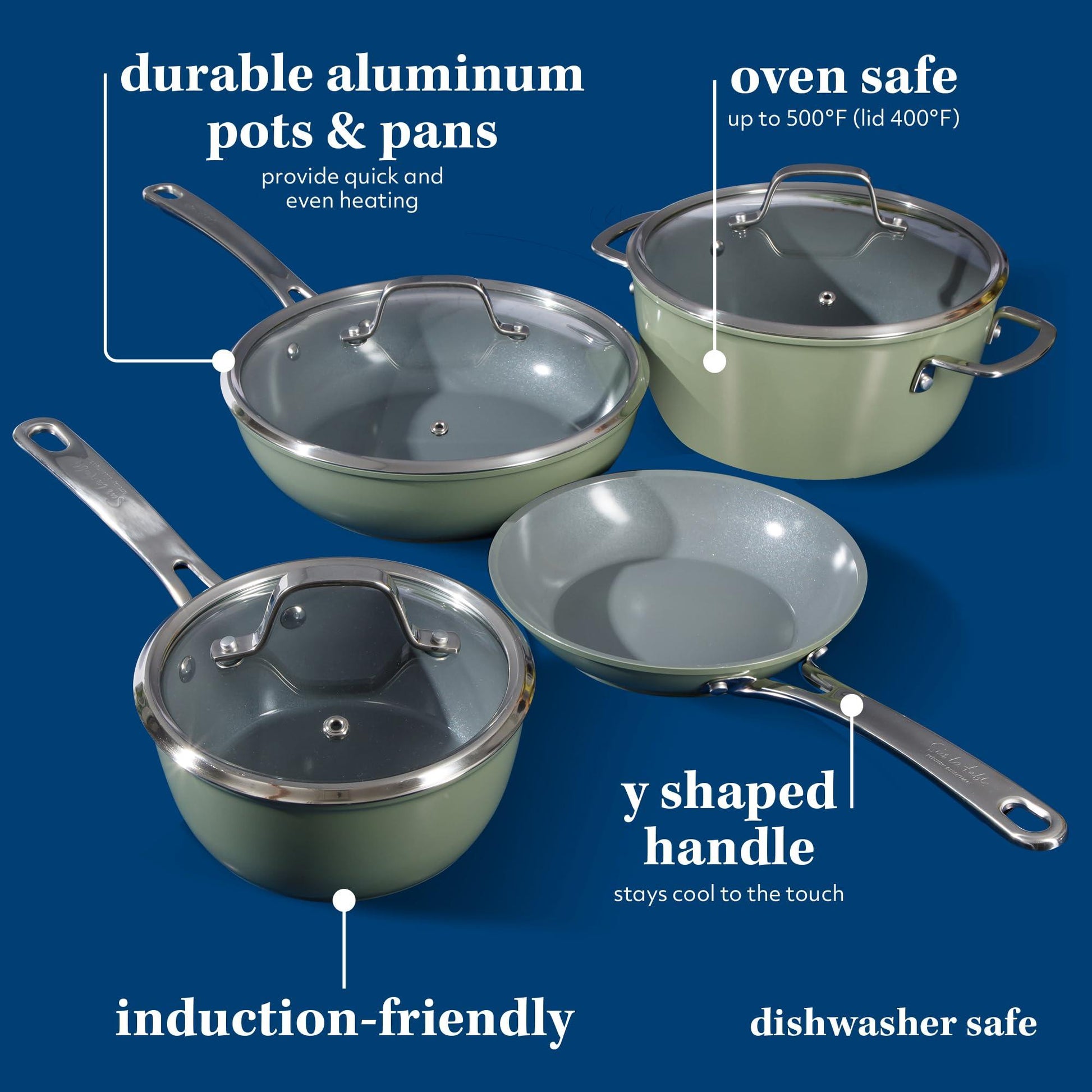 Sur La Table Kitchen Essentials 10 Piece PFA Free Non-Toxic Titanium Ceramic Nonstick Interior Forged Aluminum Cookware Pots and Pans Set - Green - Induction Compatible - CookCave