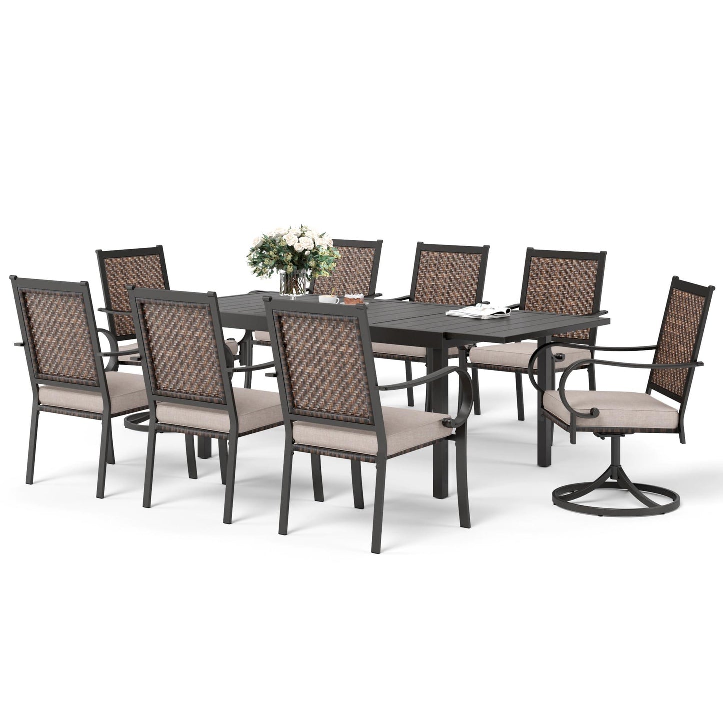 SUNSHINE VALLEY 9 Piece Wicker Patio Dining Sets, Outdoor Dining Sets for 8, 1 Expandable Metal Patio Table & 8 Patio Chairs with Cushion All Weather Outdoor Table and Chair Sets for Backyard Deck - CookCave