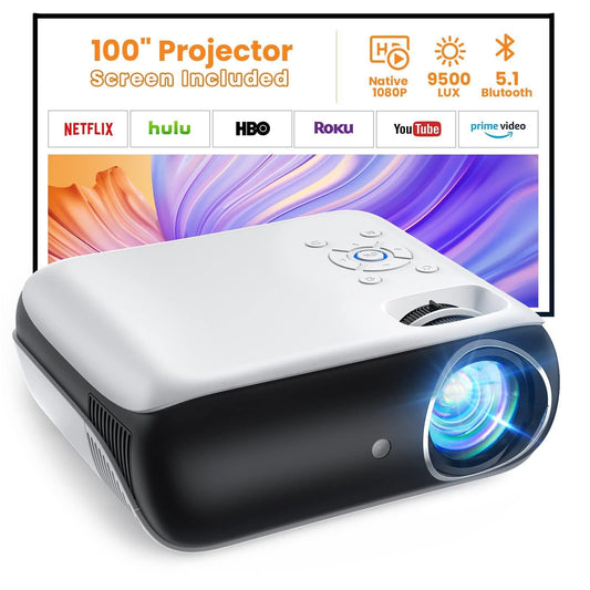 HAPPRUN Projector, Native 1080P Bluetooth Projector with 100''Screen, 9500L Portable Outdoor Movie Projector Compatible with Smartphone, HDMI,USB,AV,Fire Stick, PS5 - CookCave