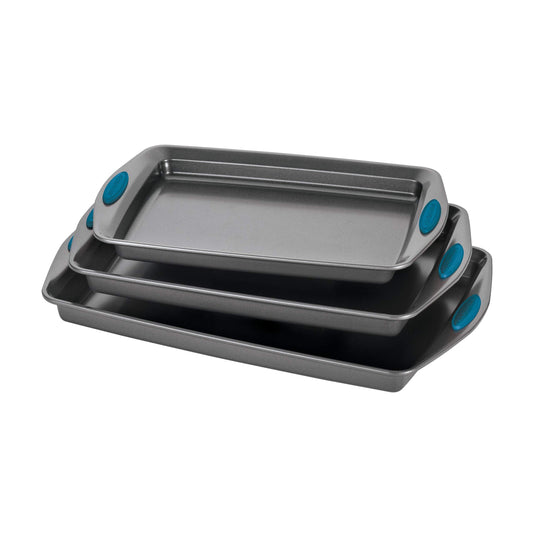 Rachael Ray Bakeware Nonstick Cookie Pan Set, 3-Piece, Gray with Marine Blue Grips - CookCave