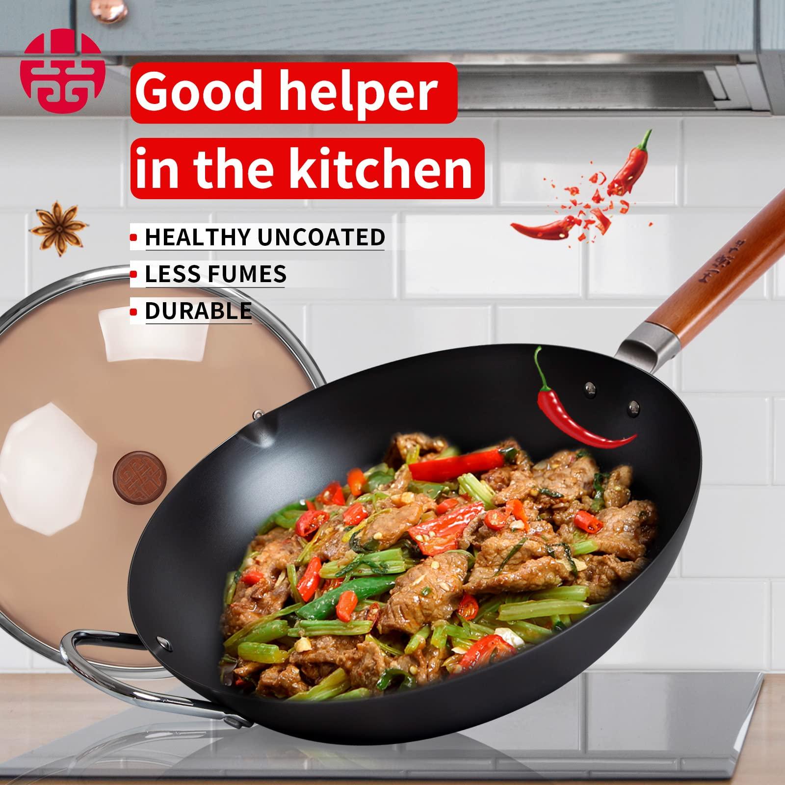 WANGYUANJI Carbon Steel Wok,14.2" Wok Pan with Lid, Woks & Stir-Fry Pans No Chemical Coated Wok for Induction, Electric, Gas, Halogen All Stoves-Practical Gift Flat Bottom Iron Wok - CookCave