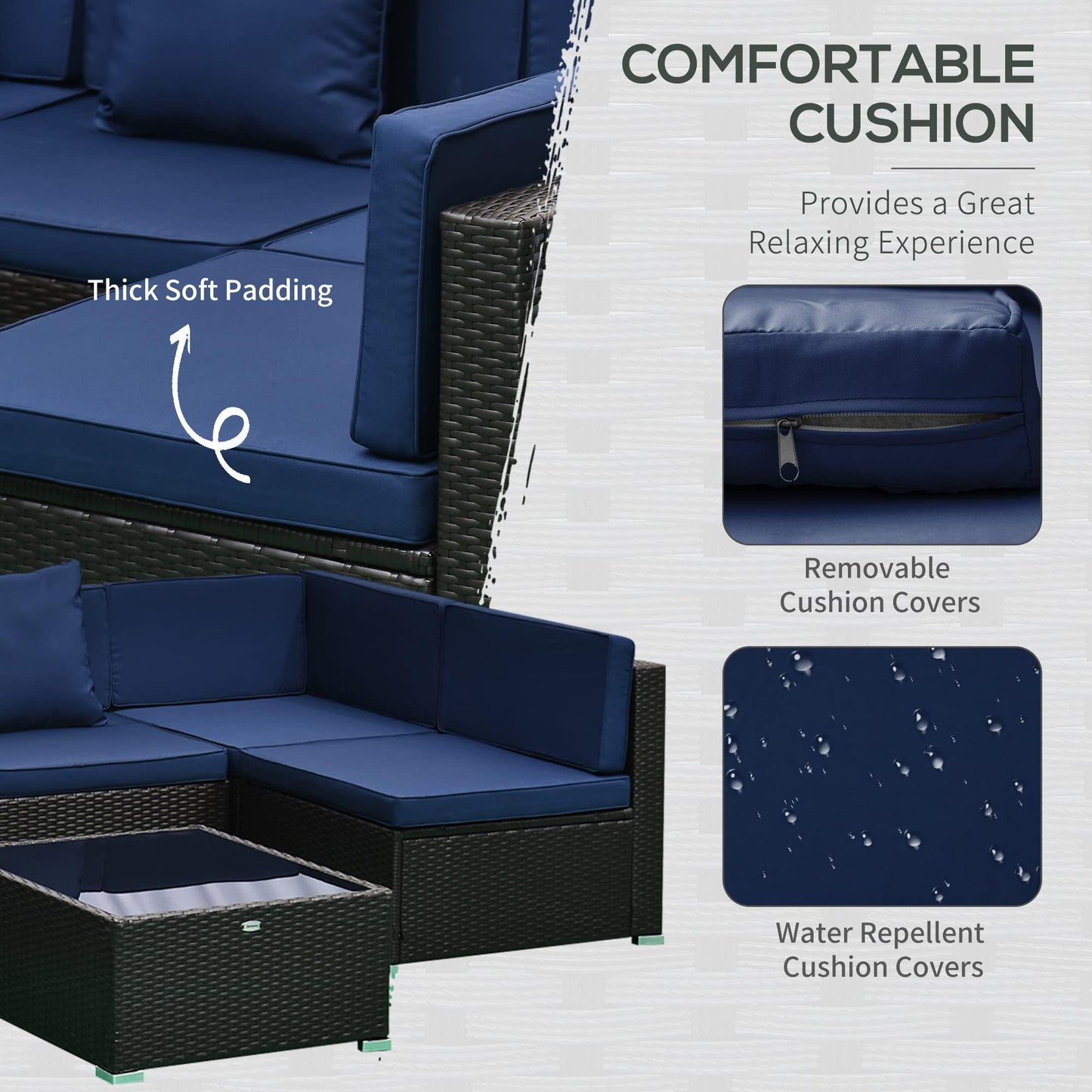 Outsunny 7-Piece Patio Furniture Sets Outdoor Wicker Conversation Sets All Weather PE Rattan Sectional Sofa Set with Cushions & Tempered Glass Desktop, Dark Blue - CookCave