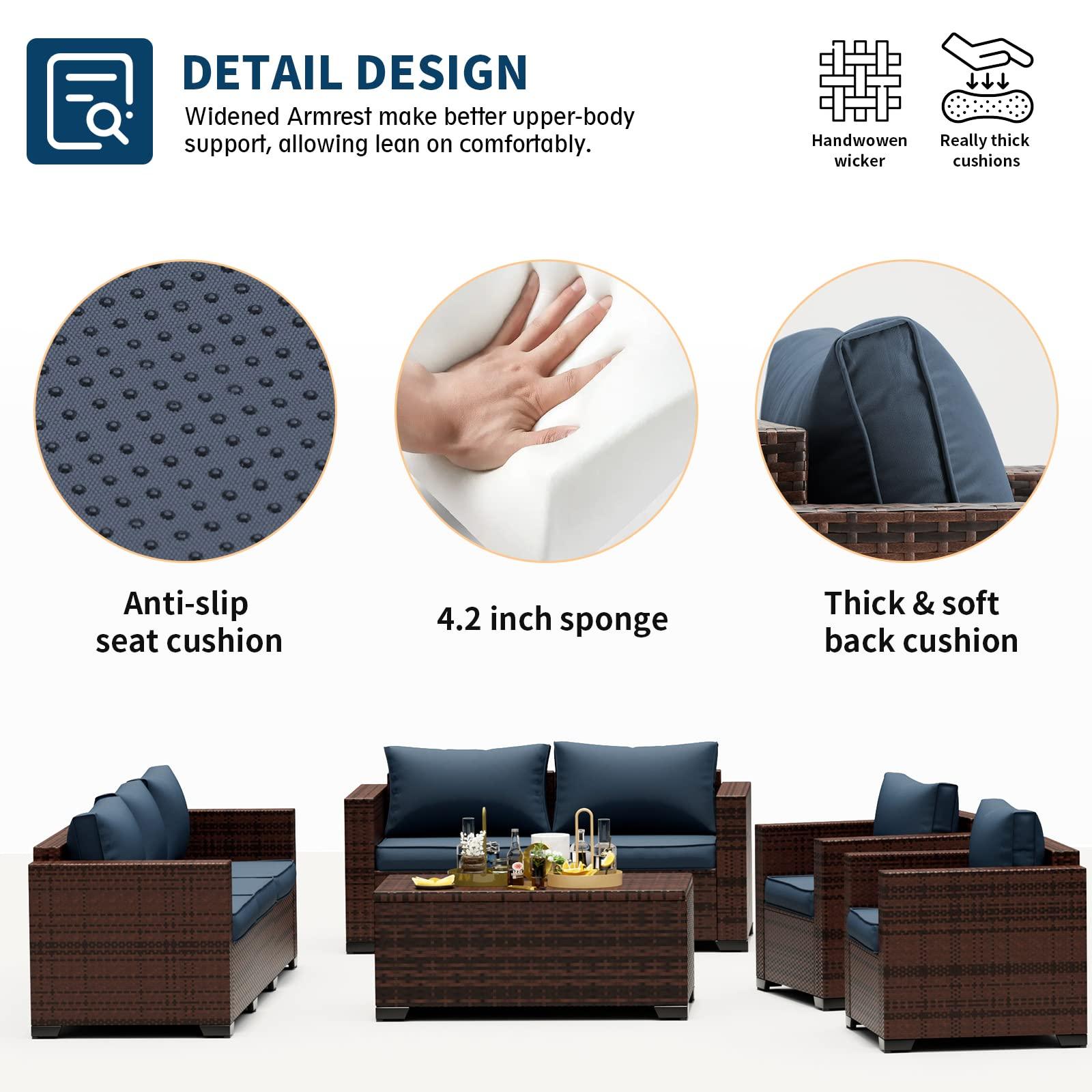 UDPATIO 3-Seat Patio Wicker Sofa, Outdoor Rattan Sectional Couch Furniture Steel Frame w/Furniture Cover Non-Slip Cushion and Deep Seating High Back, Navy - CookCave