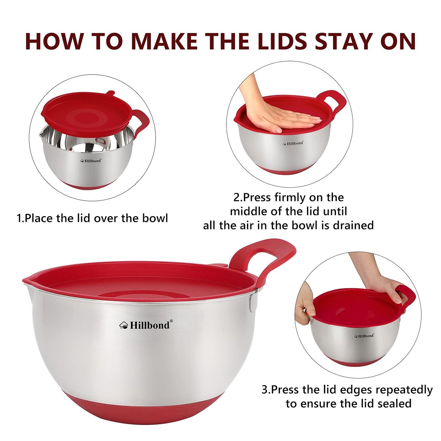 Hillbond Mixing Bowls with BPA Free Airtight Lids Stainless Steel Nesting Bowls with Pour Spout, Silicone Handle and Non-Slip Bottoms for Cooking, Baking, Saving, Dishwasher Safe, 1.5, 3, 5 QT (Red) - CookCave