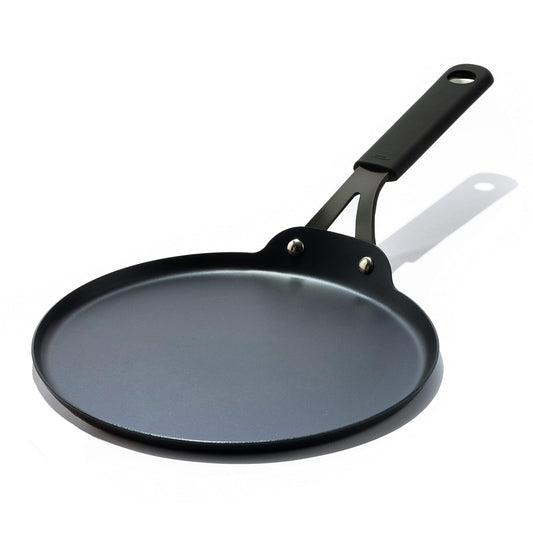 OXO Obsidian Pre-Seasoned Carbon Steel, 10" Crepe and Pancake Griddle Pan with Removable Silicone Handle Holder, Induction, Oven Safe, Black - CookCave