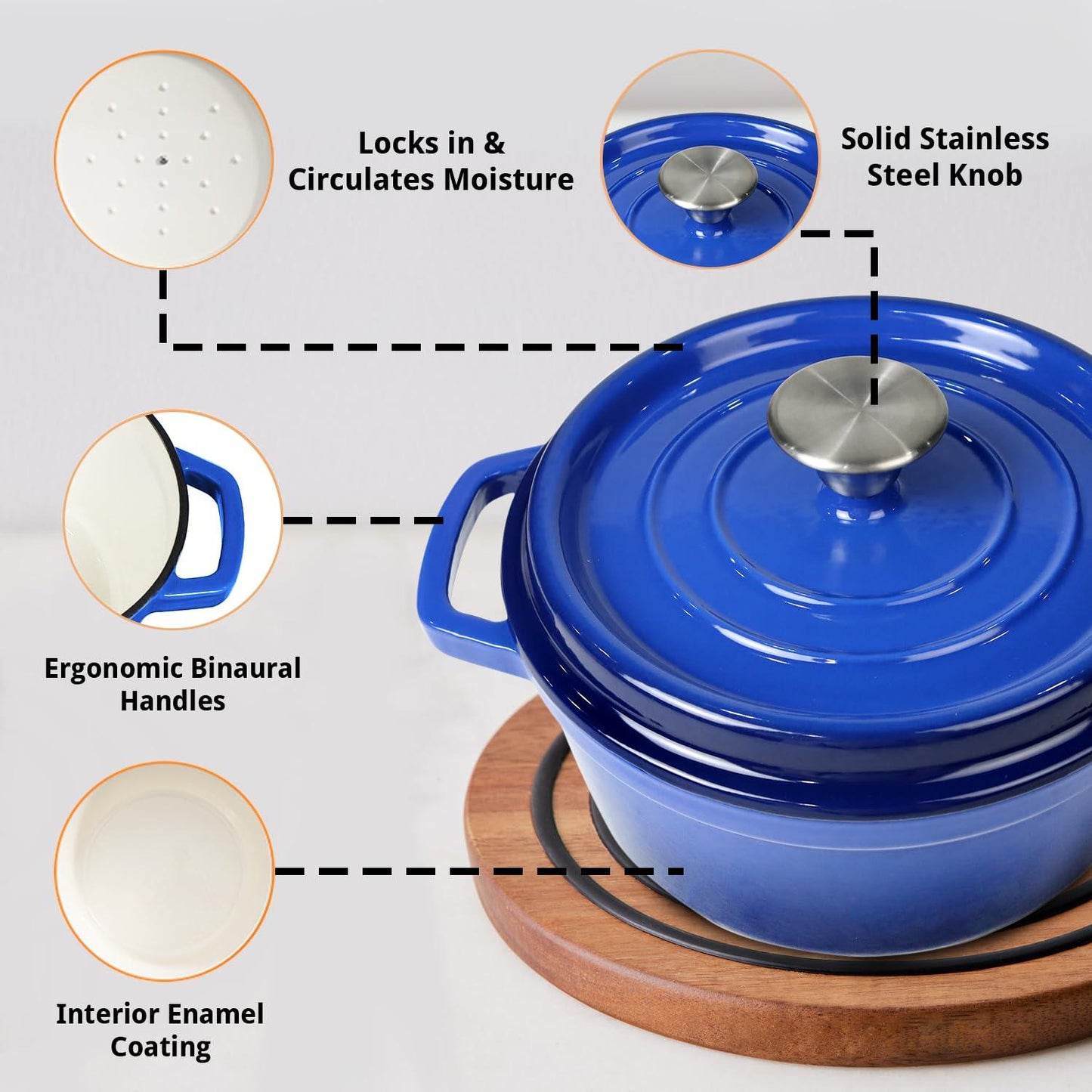 Healthy Choices 3 Qt Enameled Cast Iron Dutch Oven Pot with Lid, Small Blue Dutch Oven for Bread Baking, Ideal for Family of 4, Wedding Registry Ideas,Even Heat Distribution, All Cooktops - Upto 500°F - CookCave