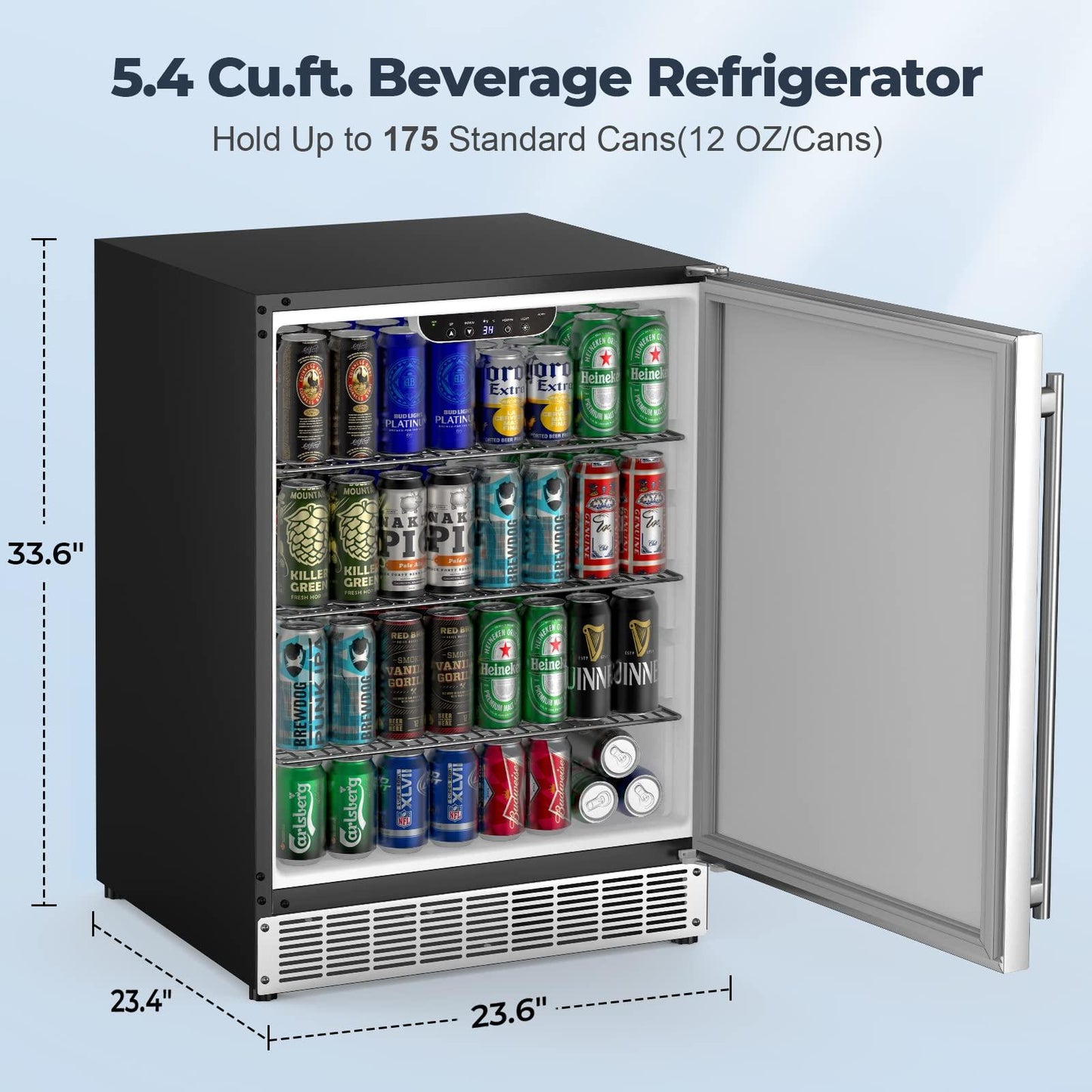 COTLIN 24 Inch Built-in Outdoor Refrigerator, 5.4 Cu.Ft Undercounter Beverage Fridge, 175 Cans Freestanding Stainless Steel Refrigerator for Residential Home Bar Commercial Use, ETL - CookCave