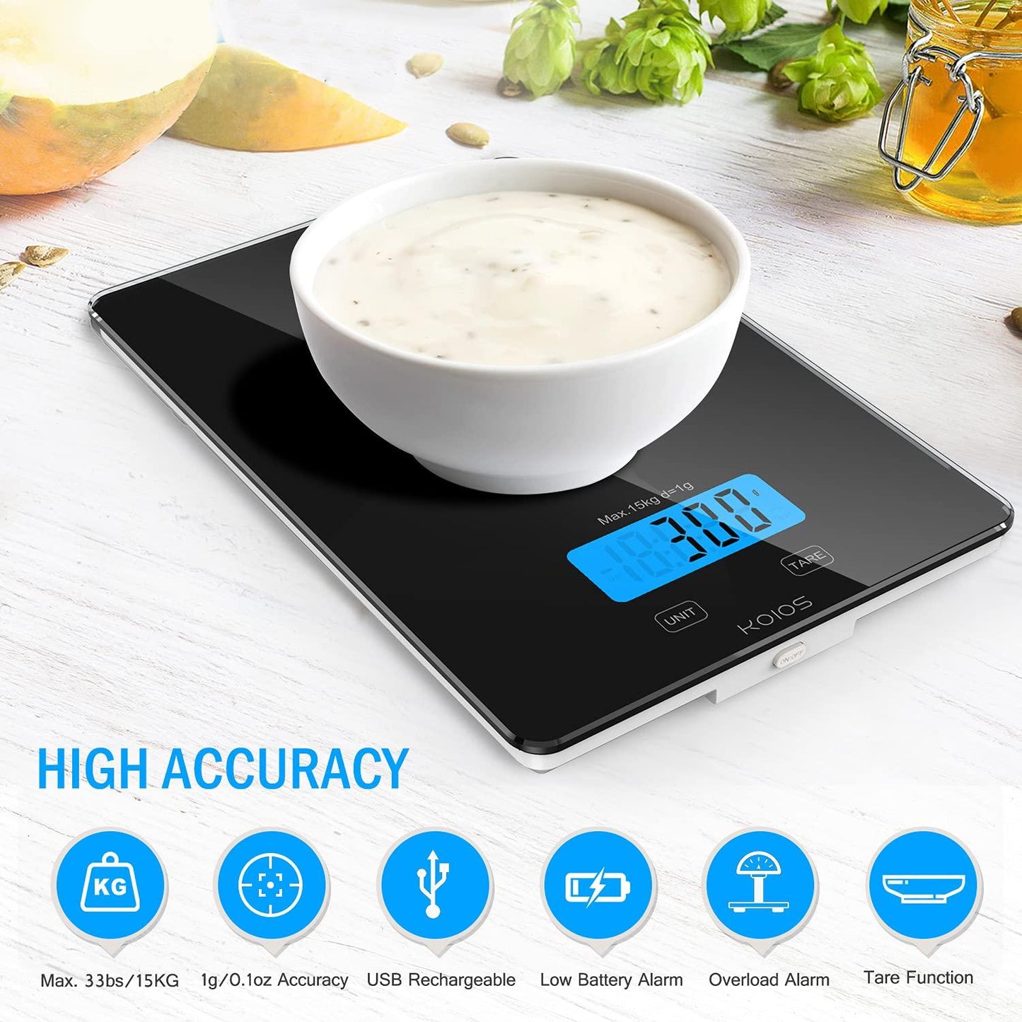 KOIOS Food Scale, 33lb/15Kg Digital Kitchen Scale for Food Ounces and Grams Cooking Baking, 1g/0.1oz Precise Graduation, Waterproof Tempered Glass, USB Rechargeable, 6 Weight Units, Tare Function - CookCave