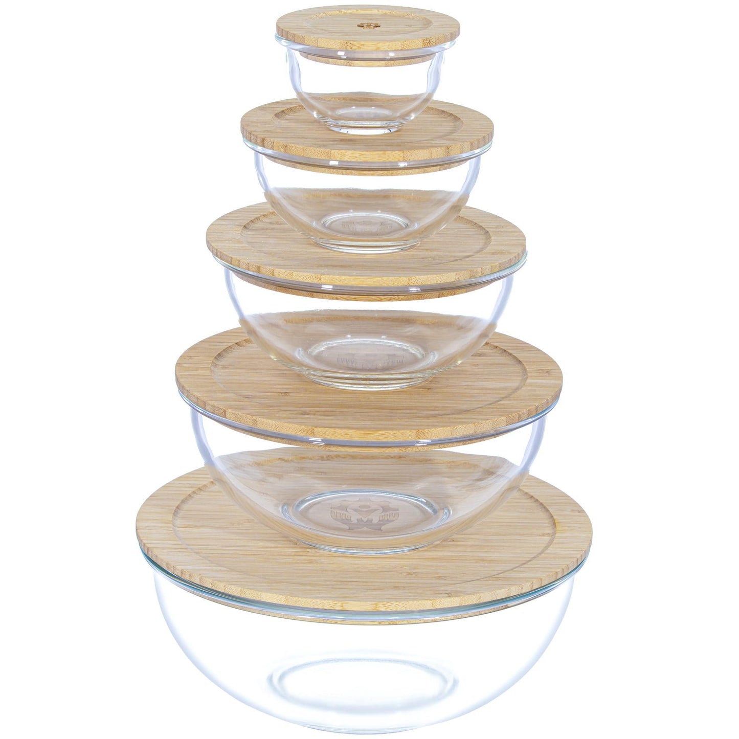 Practical Human Glass Mixing Bowl Set with Bamboo Lids-Nesting Bowls- Stackable and Space saving design- Microwave and oven safe. - CookCave