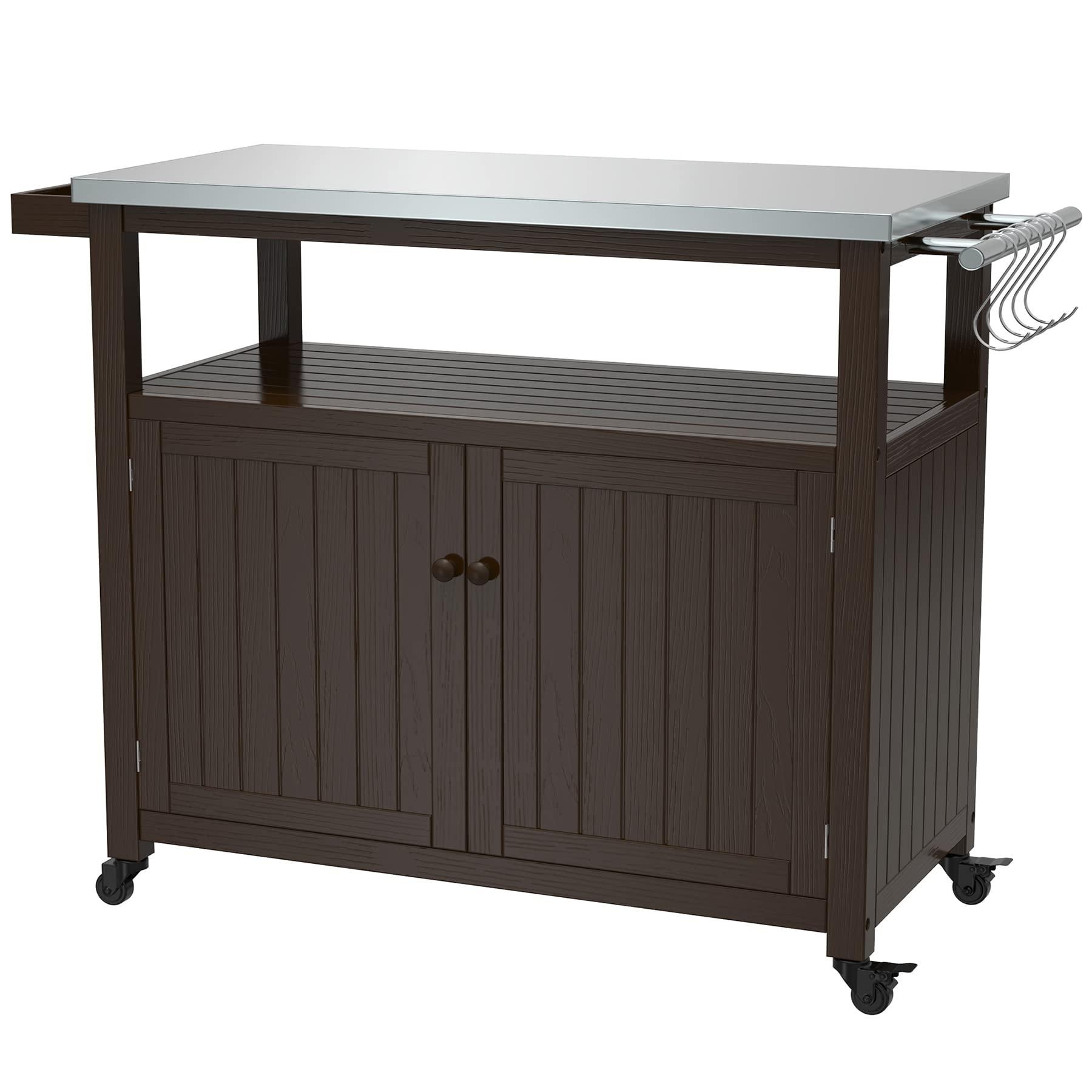 GDLF Outdoor Storage Cabinet Solid Wood Prep Grill Table with Stainless Steel Top Waterproof Cover Dark Brown - CookCave