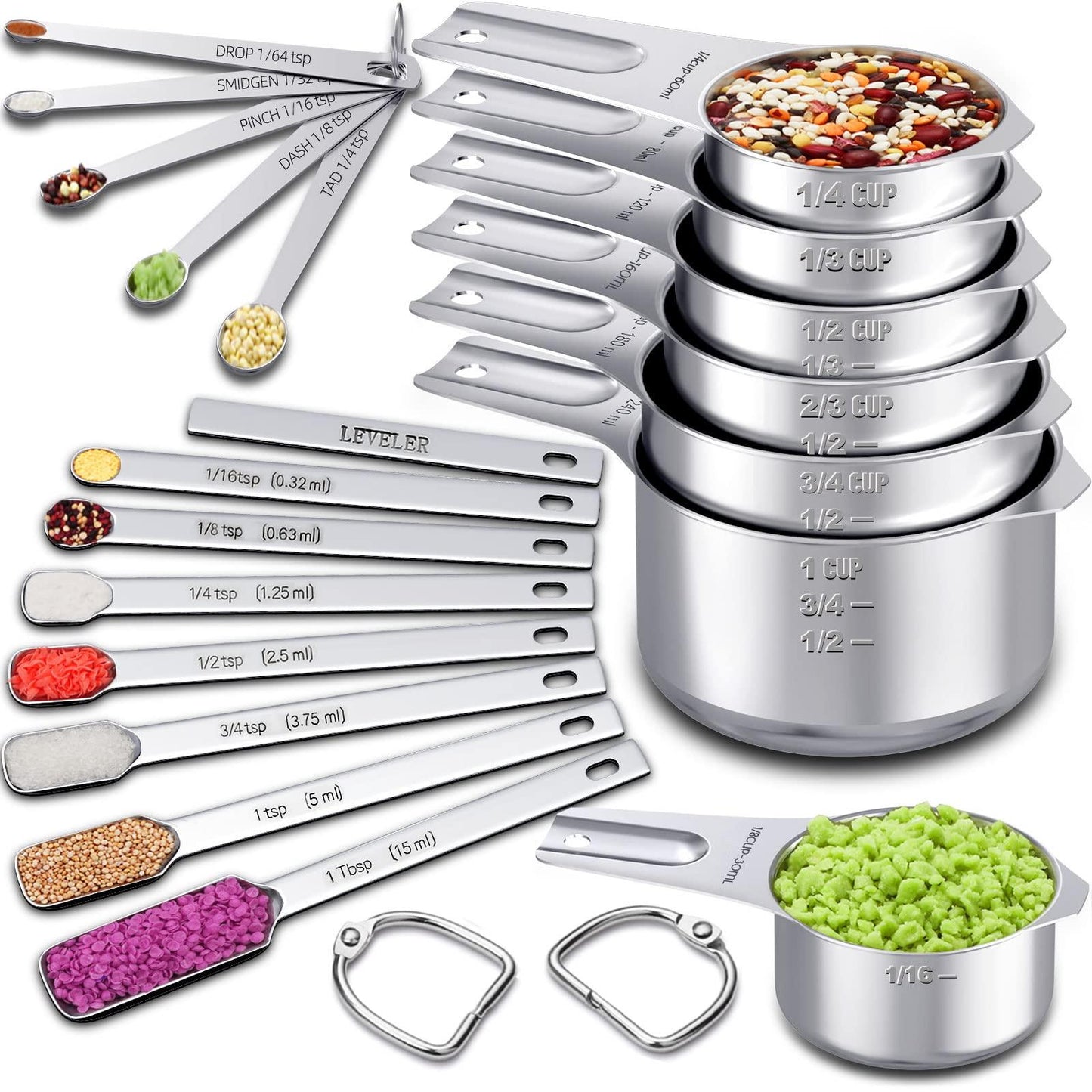 Measuring Cups and Spoons Set of 20, 7 Stainless Steel Nesting Measuring Cups & 7 Spoons, 1 + Leveler & 5 Mini Measuring Spoons for Cooking & Baking - CookCave