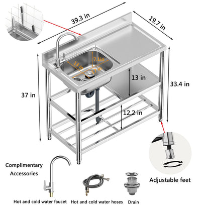 Free Standing Stainless-Steel Single Bowl Commercial Restaurant Kitchen Sink Set w/Faucet & Drainboard, Prep & Utility Washing Hand Basin w/Workbench & Double Storage Shelves Indoor Outdoor (39.5in) - CookCave