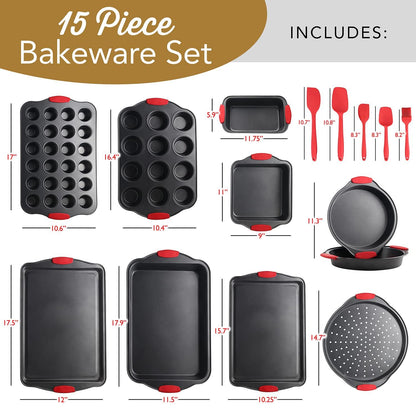 Baking Pan Set, 15 Piece Premium Baking Set, Nonstick Bakeware Sets BPA Free, Cookie Sheets for Baking Nonstick Set, Steel Baking Sheets for Oven with Muffin Pan, Cake Pan & Kitchen Utensils - Black - CookCave