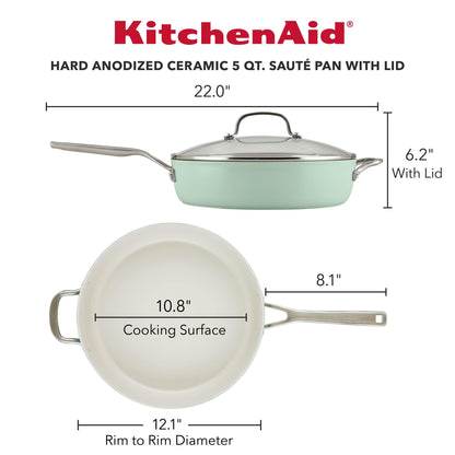 KitchenAid Hard Anodized Ceramic Nonstick Sauté Pan with Lid, 5 Quart, Pistachio - CookCave