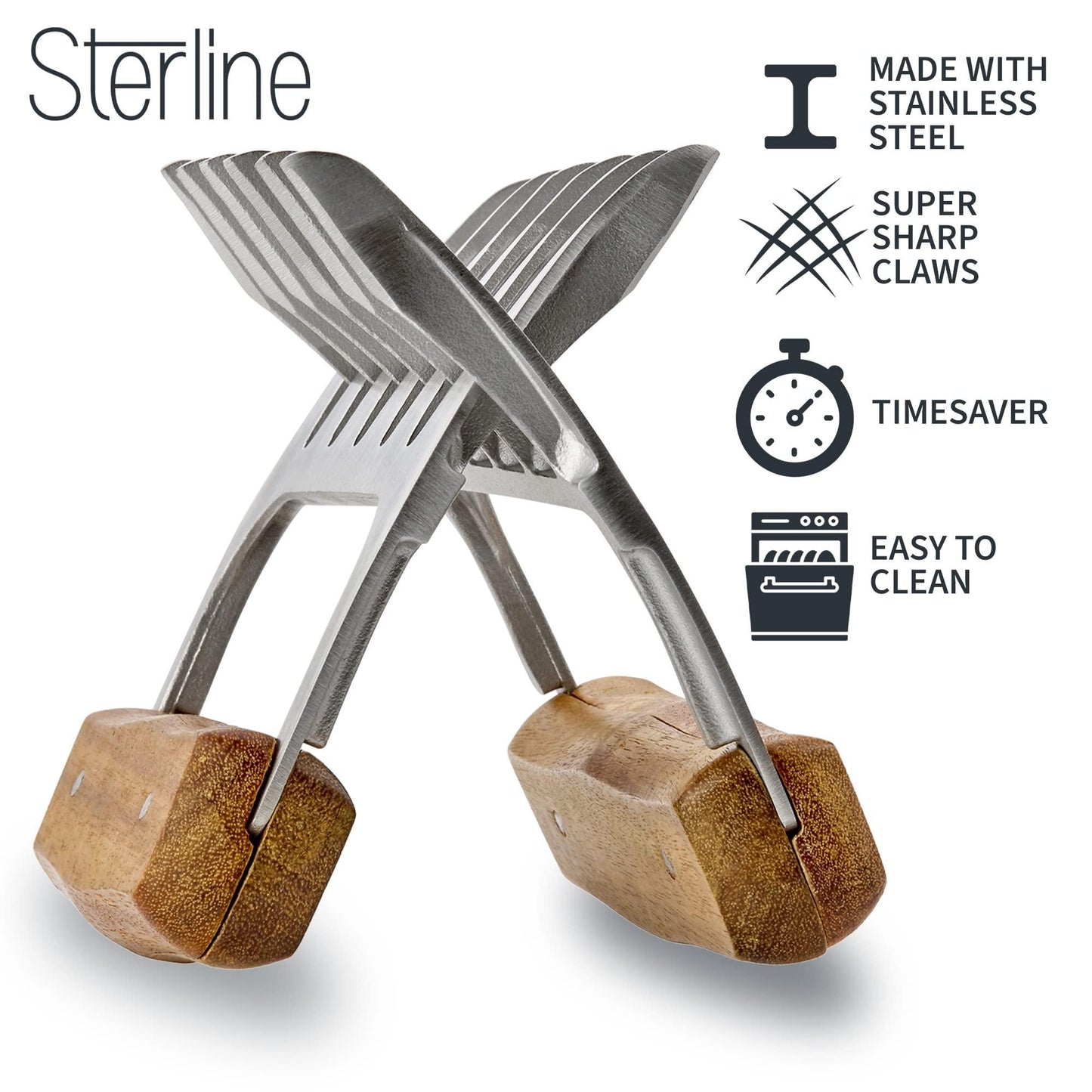 Sterline Meat Shredder Claws Set - 5 Pieces - T304 Stainless Steel Fork with Silicone Protector, Wooden Handle for Easy Lifting, Shredding Pulled Pork, Chicken, Brisket - BBQ Grilling Accessory Gift - CookCave