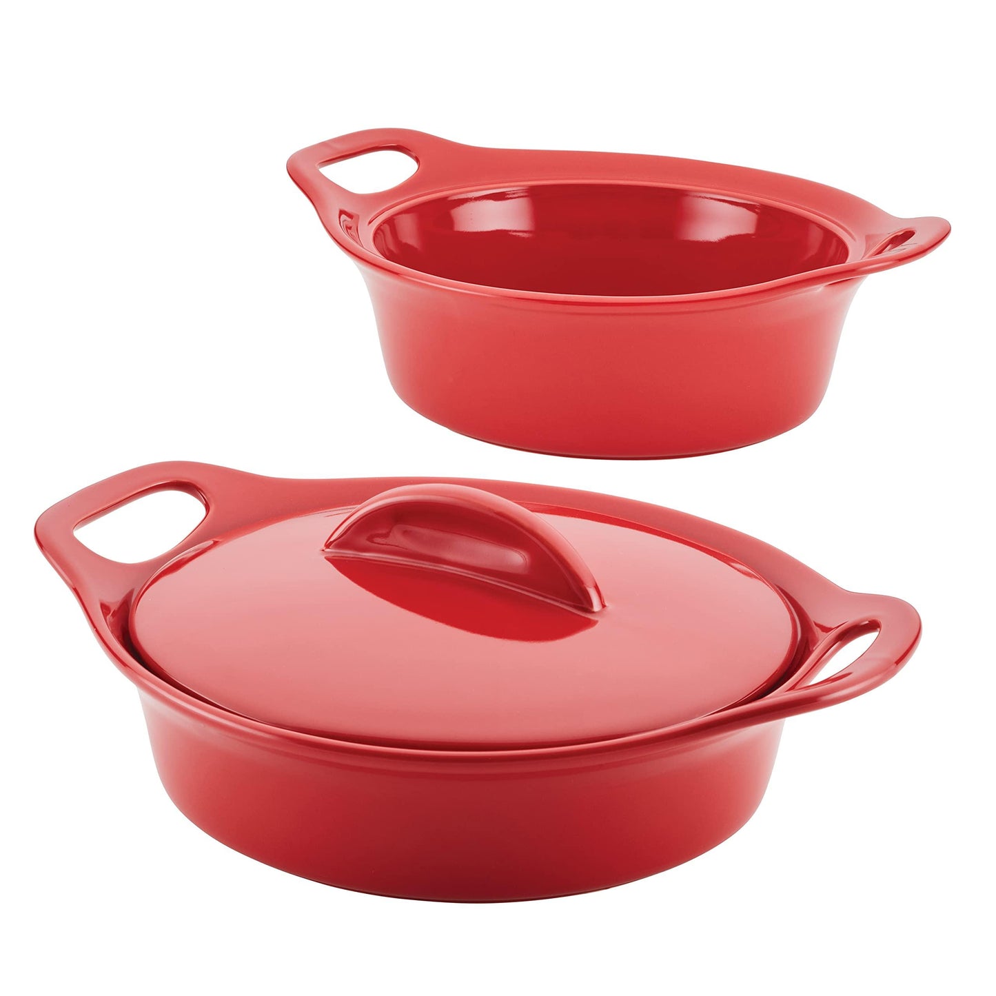 Rachael Ray Solid Glaze Ceramics Casserole Bakers/Baking Dish with Shared Lid Set, 3 Piece, Red - CookCave