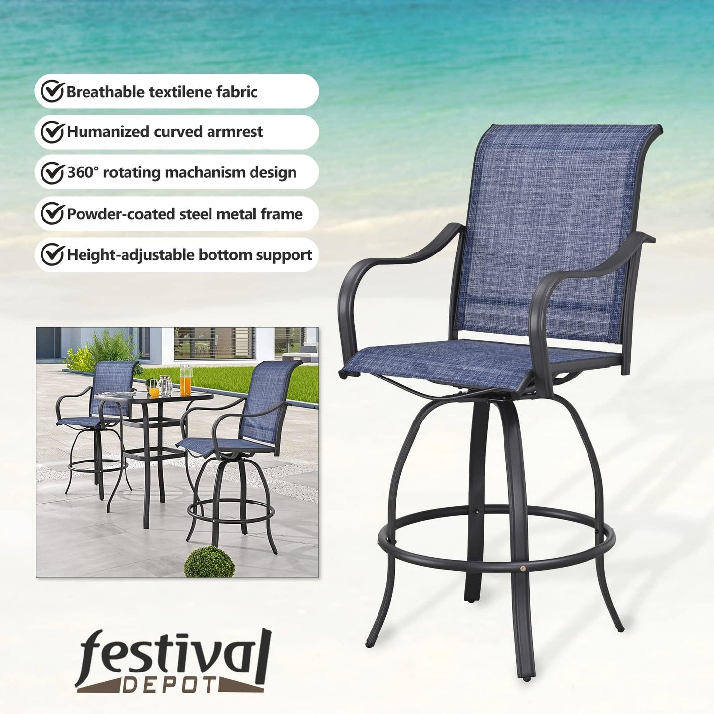 Festival Depot 2pcs Bar Bistro Patio Dining Chairs Textilene High Stools 360° Swivel Chairs with Curved Armrest and Metal Frame Outdoor Furniture for Garden Pool All-Weather (Blue) - CookCave