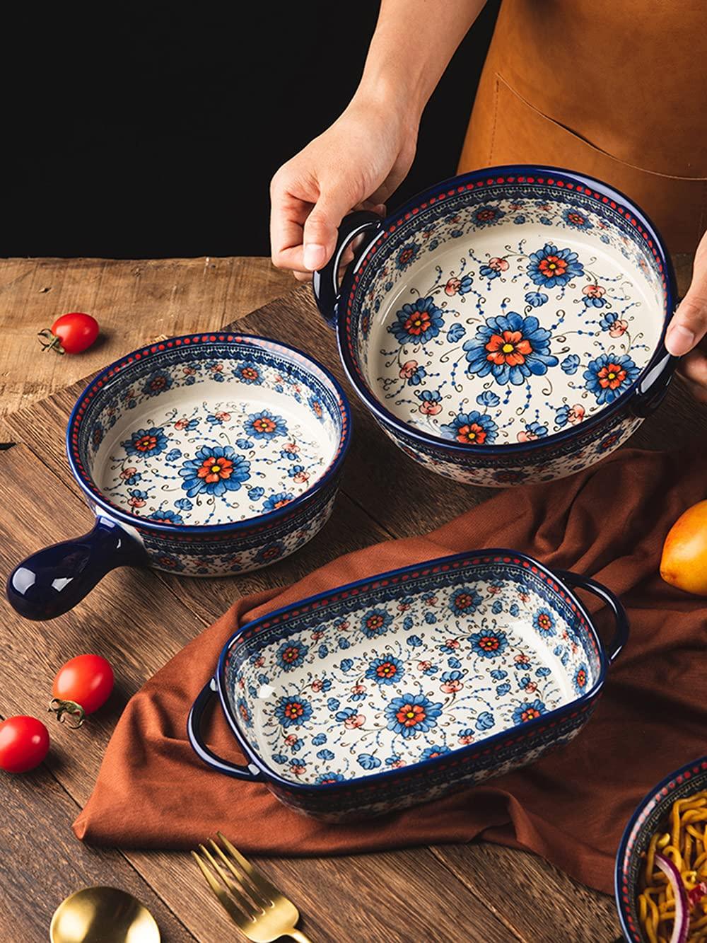 Bicuzat Blue and Orange Flower Vintage Style Ceramic Bakeware Casserole Dish Baking Pan Lasagna Pans with Handles for Oven/Cooking/Kitchen-1 PCS-22 OZ - CookCave