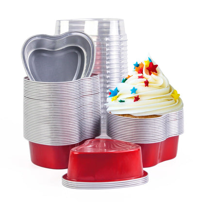 PUEVENYI Valentine's Day Aluminum Foil Cake Pan Heart Shaped Cupcake Cup with Lids100ml Loaf Pans 50 Sets/100 Pcs Red Baking Cups for Wedding Birthday Bread,Cake,Muffins,Dessert - CookCave