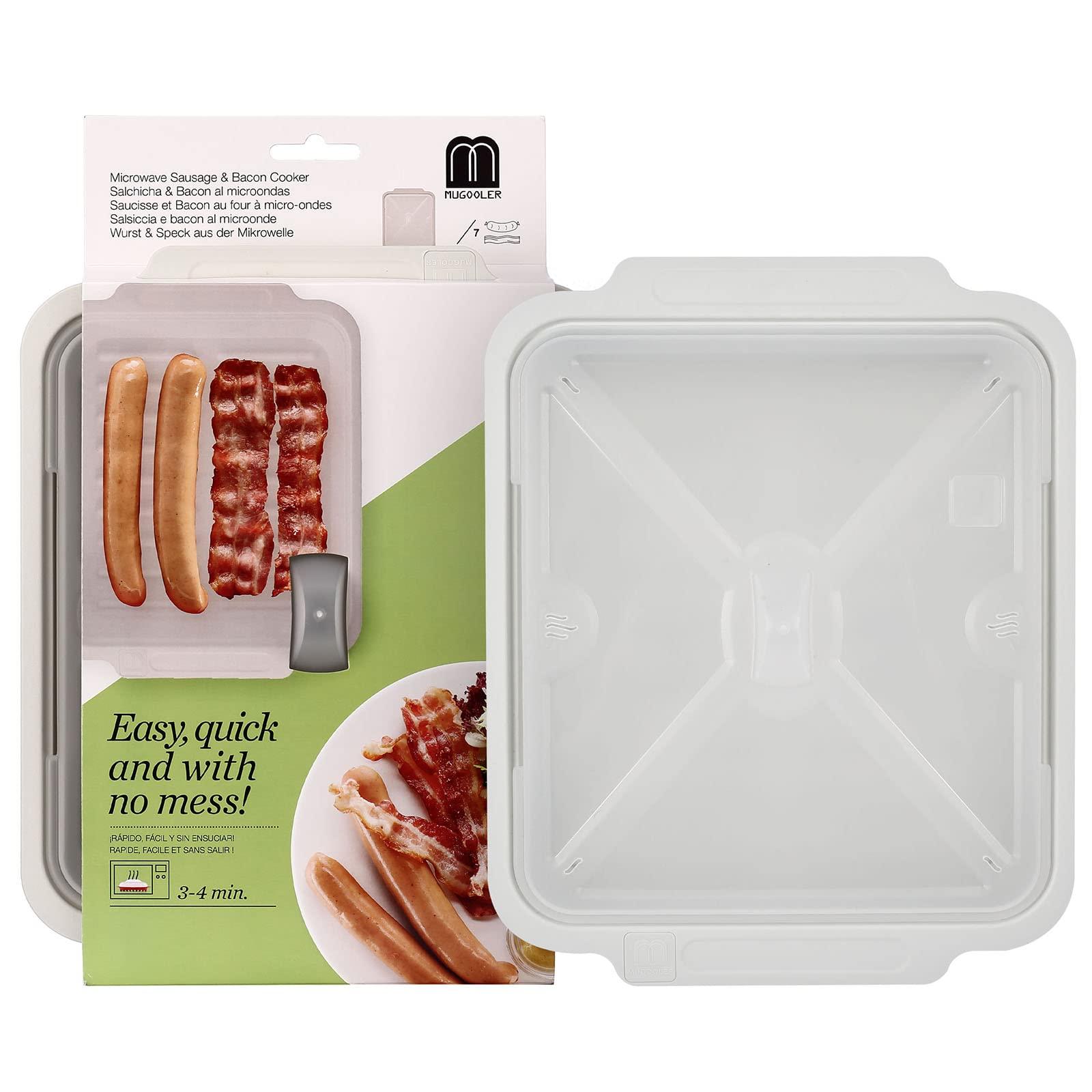 MMUGOOLER Microwave Easy Bacon Maker/Cooker with Lid, Safety, Quick and with No Mess, 11.3“ L x 9.0" W x 2.4" H- White - CookCave