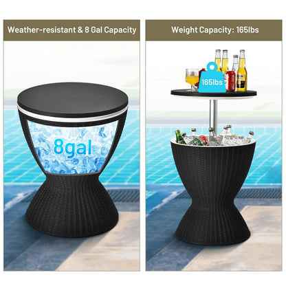 Tangkula Outdoor Cool Bar Table, Rattan Patio 8 Gallon Beer and Wine Cooler, All-Weather Ice Bucket w/Height Adjustable Top, Drainage Plug, 3-in-1 Cocktail Coffee Table for Party, Picnic (Black) - CookCave