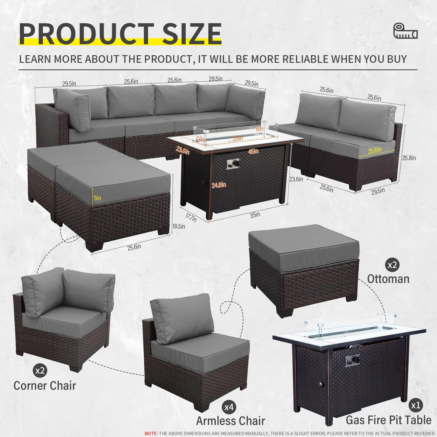 Lviden 9 Pieces Wicker Patio Furniture Set Outdoor PE Rattan Sectional Conversation Sofa Set with Grey Cushions and 45” Gas fire Pit Table - CookCave