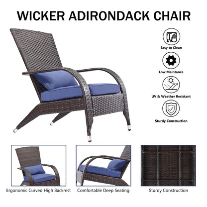 Outdoor Wicker Adirondack Chairs Set 2 Rattan Fire Pit Chairs Oversized Comfy Relax Accent Patio Chairs with Soft Cushion Low Deep Seating Tall Curved Backrest for Outside Backyard Deck Porch Navy - CookCave