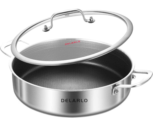 DELARLO Tri-Ply Stainless Steel Saute Pan 6 Quarts Deep Frying Pan, 12 inch Induction Compatible Chef Cooking Pan, Sauté Pan with lid, Dishwasher & Oven Safe - CookCave