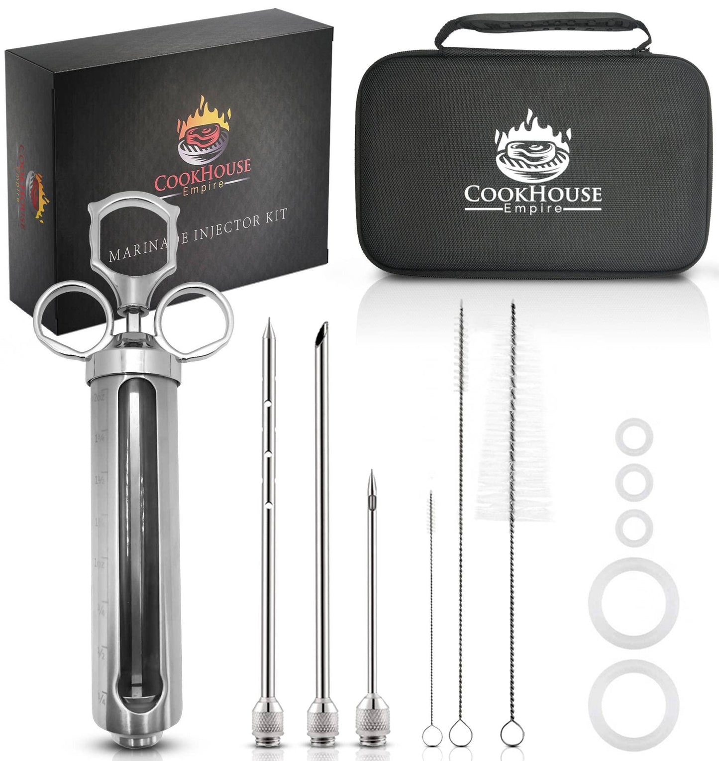 Meat Injectors for Smoking - Stainless Steel Marinade Injector Kit with Case and Window for BBQ, Grilling - 3 Syringe Needles for Injection of Flavor, Sauce - Food Injector for Turkey, Beef, Brisket - CookCave