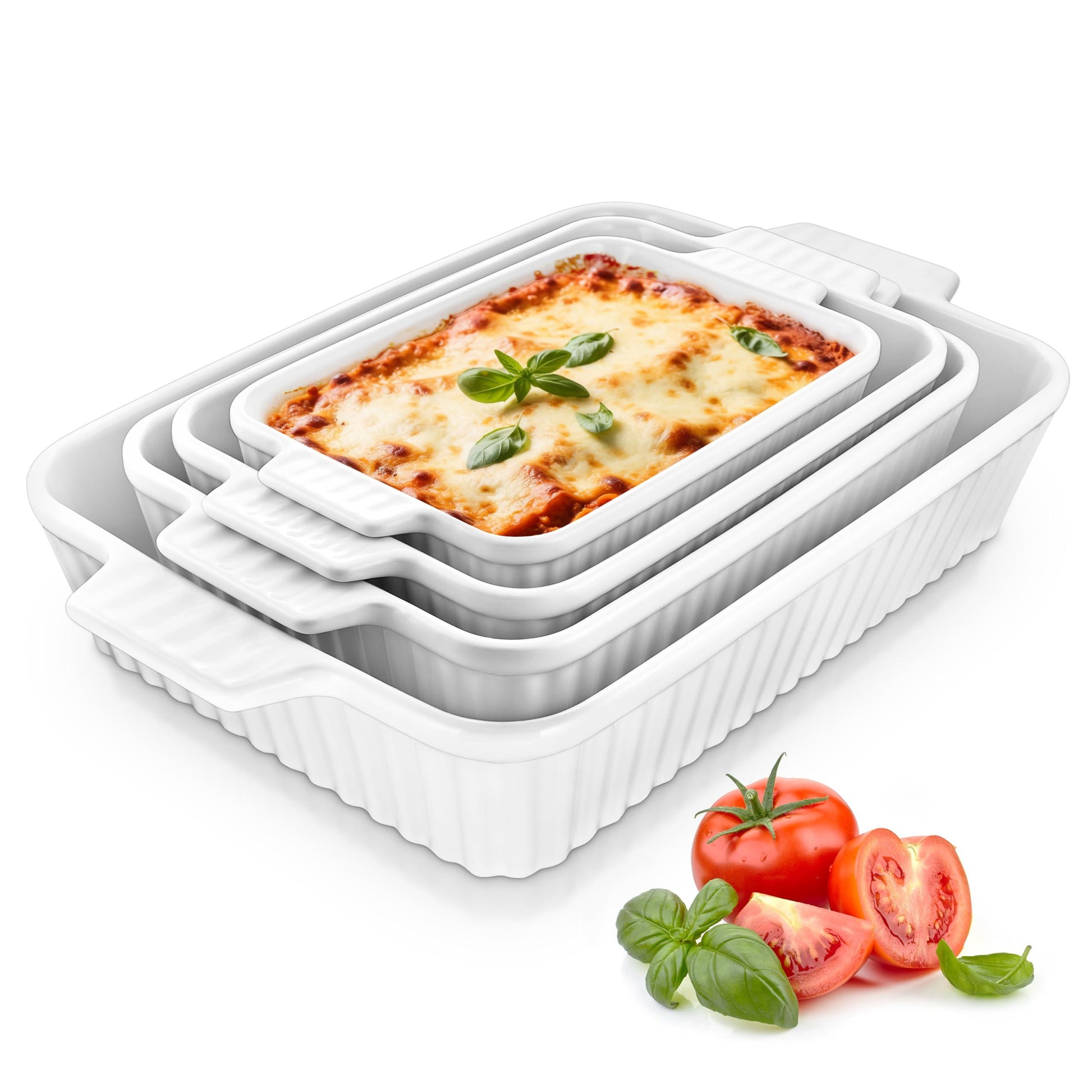 Modern Innovations (Set of 4) White Casserole Dishes for Oven, Ceramic Baking Dishes Oven Safe Deep Dish Lasagna Pan with Handles, Ceramic Bakeware Set, Wedding Gifts [9.5"|11"|12.25"|15"] - CookCave