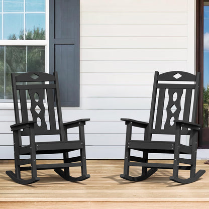 Cozyman Outdoor Rocking Chairs Set of 2, All Weather Resistant Porch Rocker Chairs with High Back, 350Lbs Support, HDPS Composite Rocking Chair for Backyard, Patio, Garden, Indoor, Black - CookCave