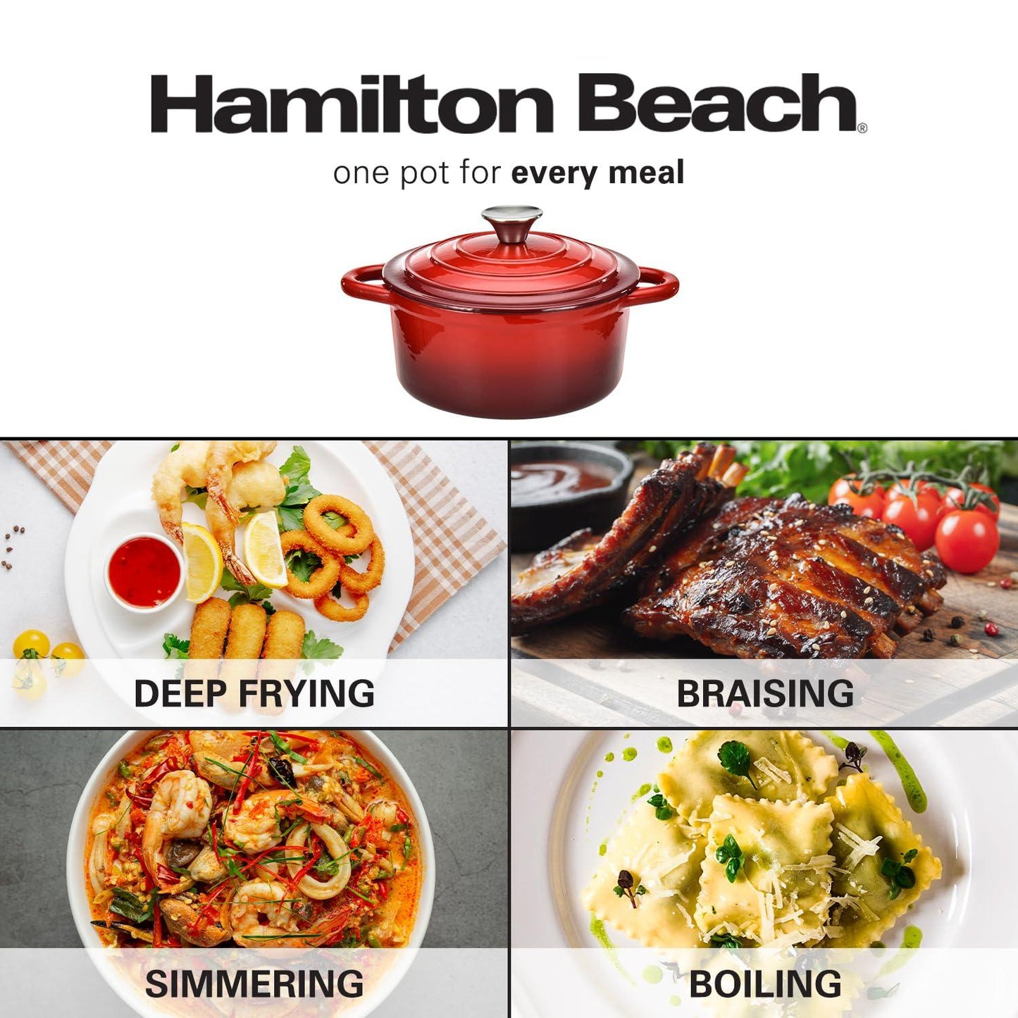 Hamilton Beach Enameled Cast Iron Dutch Oven Red (3-Quart) | Cream Enamel Coating Dutch Oven Pot with Lid | Cast Iron Dutch Oven with Even Heat Distribution | Easy Grip to Handles & Multipurpose - CookCave