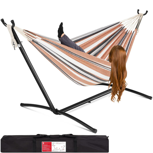 Best Choice Products Portable Indoor Outdoor 2-Person Cotton Double Hammock Set w/ Steel Stand and Storage Case, Desert Stripes - CookCave
