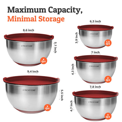 Priority Chef Premium Mixing Bowls With Airtight Lids Set, Thicker Stainless Steel Mixing Bowl Set, Large Prep Metal Bowls with Lids, Nesting Bowls for Kitchen, 1.5/2/3/4/5 Qrt, Red - CookCave
