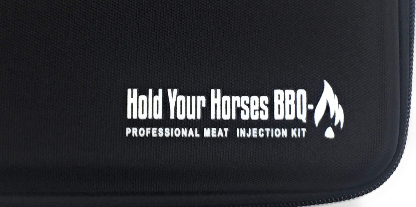 Hold Your Horses BBQ Marinade Meat Injector Gun Kit with CASE, Cleaning Brushes, 2 oz Large Capacity Barrel and 4 Professional Commercial Grade Stainless Needles - CookCave