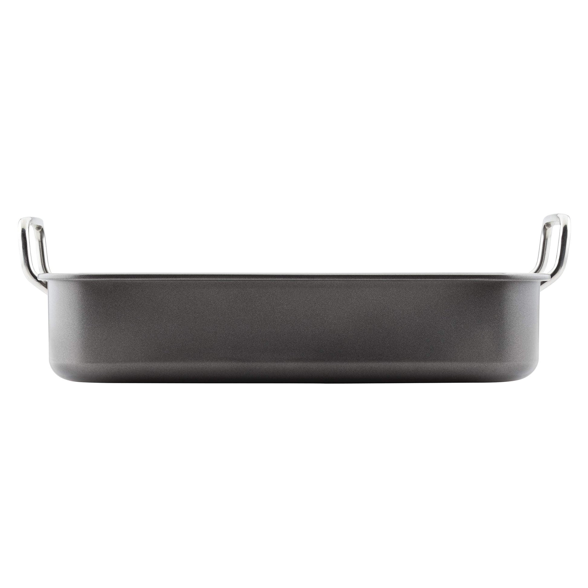 Rachael Ray Bakeware Nonstick Roaster/Roasting Pan with Reversible Rack, 16.5 Inch x 13.5 Inch, Gray - CookCave