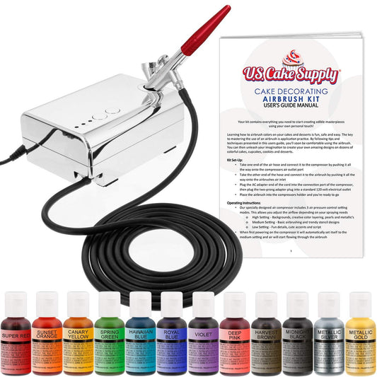 U.S. Cake Supply - Complete Cake Decorating Airbrush Kit with a Full Selection of 12 Vivid Airbrush Food Colors - Decorate Cakes, Cupcakes, Cookies & Desserts - CookCave