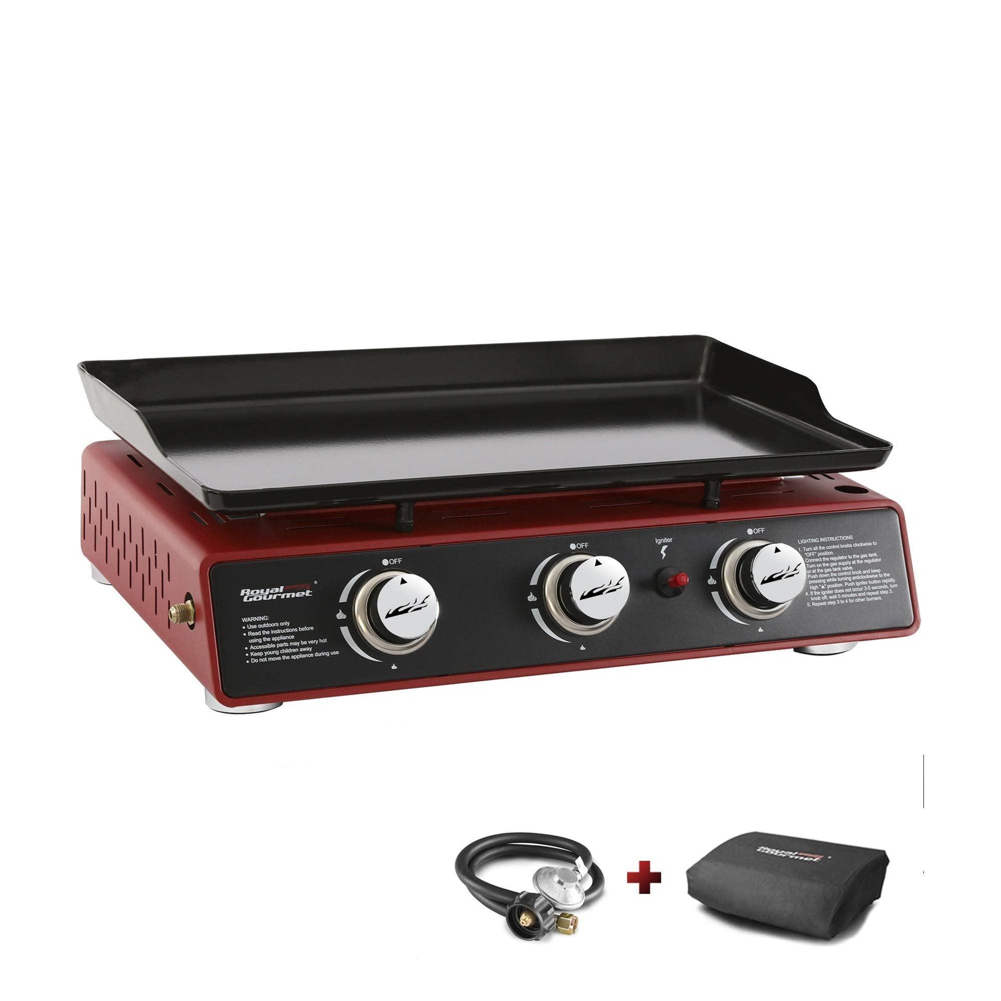 Royal Gourmet PD1301R Portable 24-Inch 3-Burner Table Top Gas Grill Griddle with Cover, 25,500 BTUs, Outdoor Cooking Camping or Tailgating, Red - CookCave