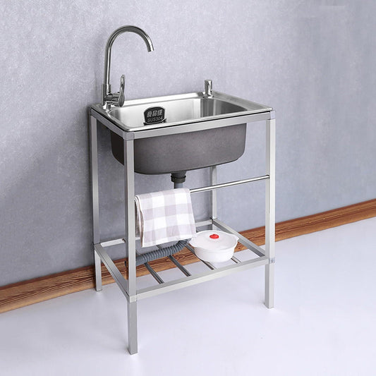 Outdoor Garden Sink Single Trough, Small Stainless Steel Utility Commercial Kitchen Washing Hand Basin Station Sink with Storage Shelve and Faucet, for Restaurant, Bar, Laundry, Garage, Backyard ( Col - CookCave