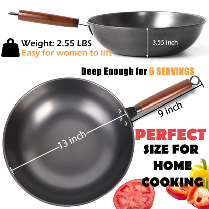 Clatine Wok Pan with Lid, 13 Inch Wok & Stir-fry Pan with Wooden Spatula, No Chemical Coated Carbon Steel Wok, Nitrided Non-stick Chinese Wok with Flat Bottom for Induction, Electric, Gas Stove - CookCave