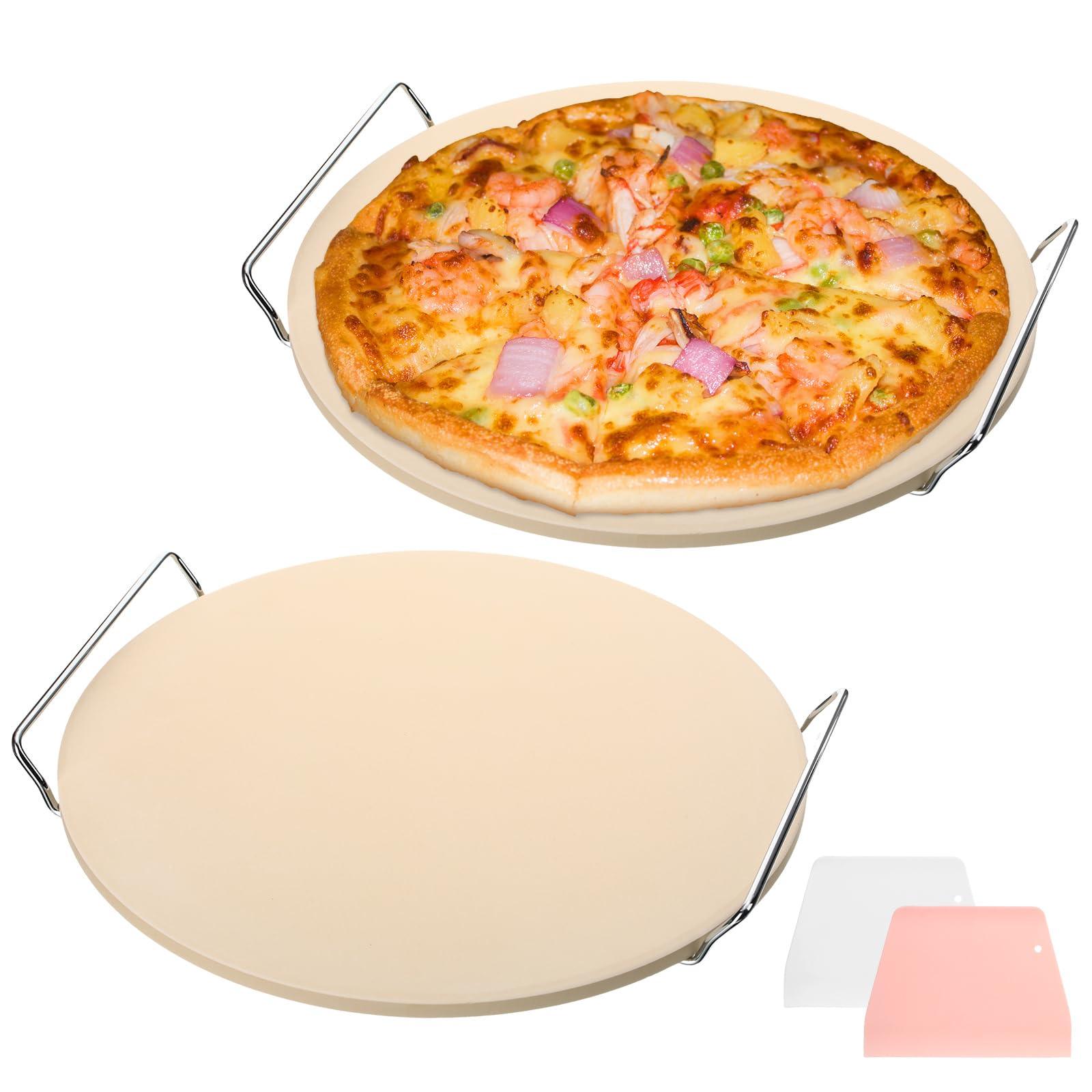 Mifoci 2 Pcs 12 Inch Pizza Stone for Oven and Grill with Stainless Steel Rack and Plastic Scraper, Cordierite Round Baking Stone Set Heavy Duty Thermal Shock Heat Resistant BBQ Pizza Stone - CookCave