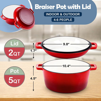 HaSteeL 2 in 1 Enameled Cast Iron Dutch Oven, 5 QT Pot & 2 Quart Skillet Lid Pan, Non-Stick Cookware Multi Cooker for Bread Baking Cooking Stewing, Suit for All Cooktops, Dual Handles & Oven Safe, Red - CookCave