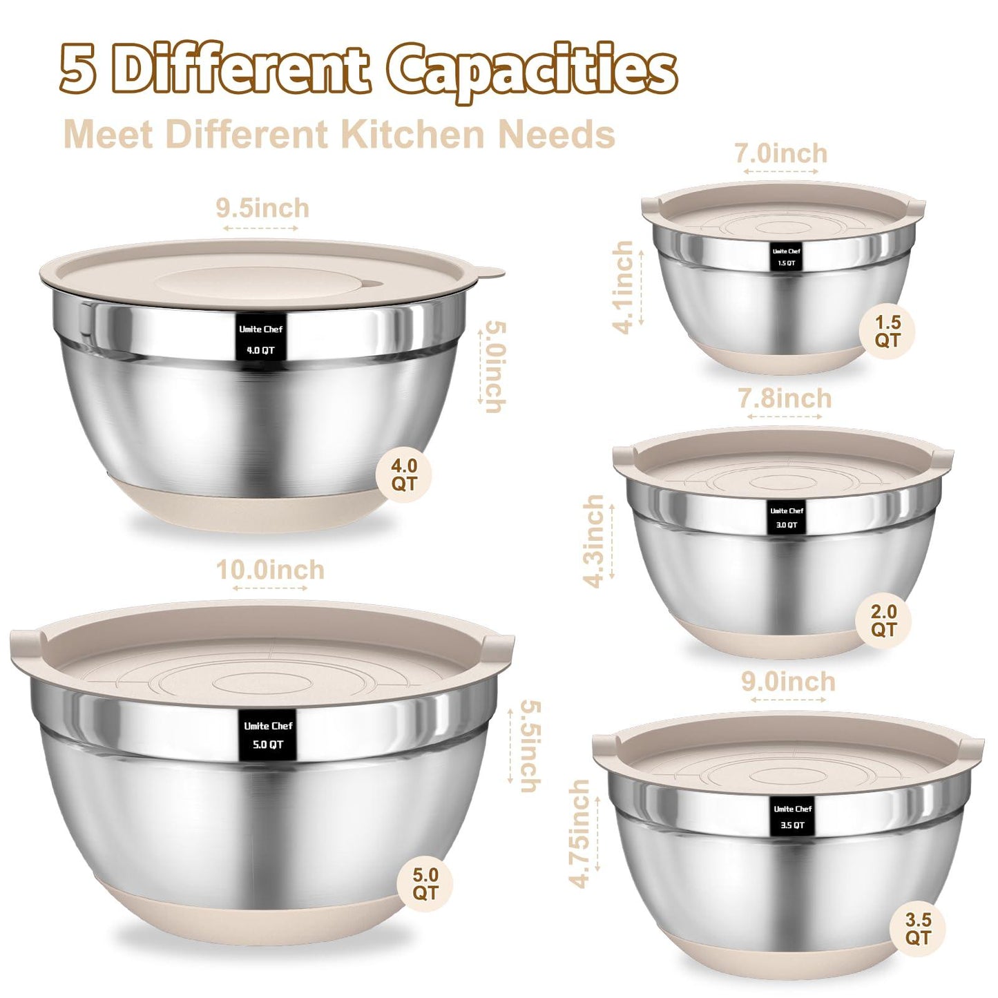 Umite Chef Mixing Bowls with Airtight Lids Set, 8PCS Stainless Steel Khaki Nesting Bowls with Grater Attachments, Kitchen Bowls with Non-Slip Bottoms, Size 5, 4, 3.5, 2, 1.5QT for Mixing & Serving - CookCave