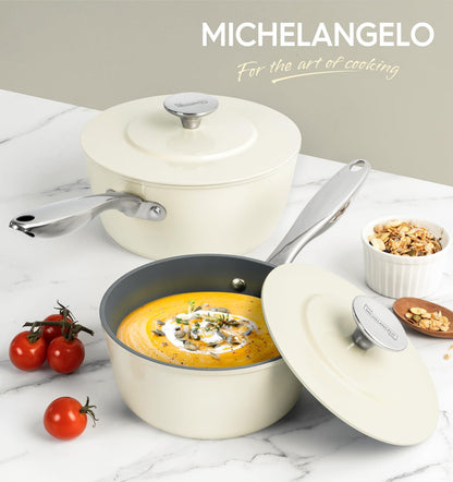MICHELANGELO Sauce Pan with Lid, Nonstick Ceramic Saucepans Set, 1.5Qt & 3Qt Sauce Pan Sets with Stainless Steel Handle, Non-Toxic, Induction Compatible, Oven Safe - CookCave