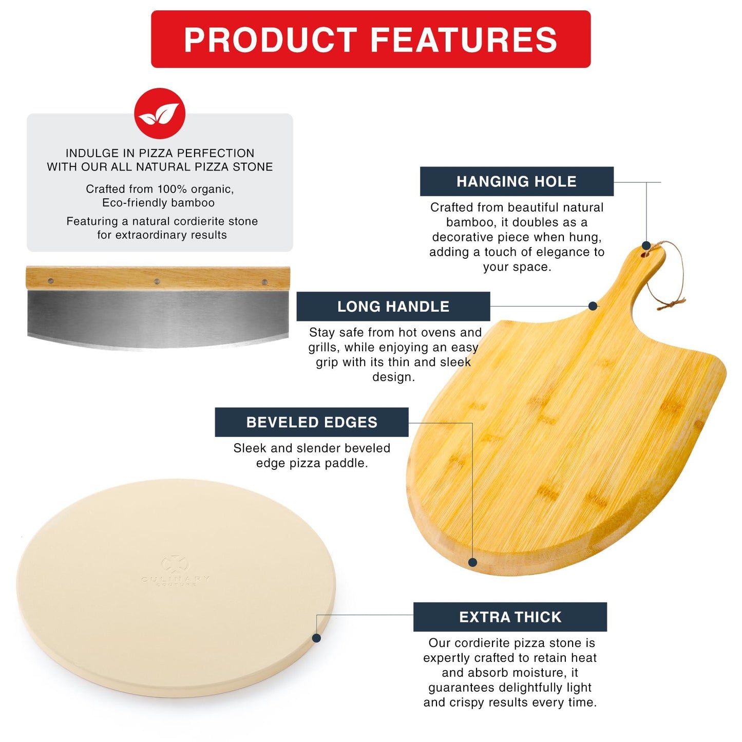 Culinary Couture Deluxe Kit 15" Round Pizza Stone for Oven and Grill - Cordierite Pizza Stone for Bread, Calzone, Cookies - Oven and Grill Pizza Stone for Outdoor Grill, Stone Pizza Pan for Oven - CookCave